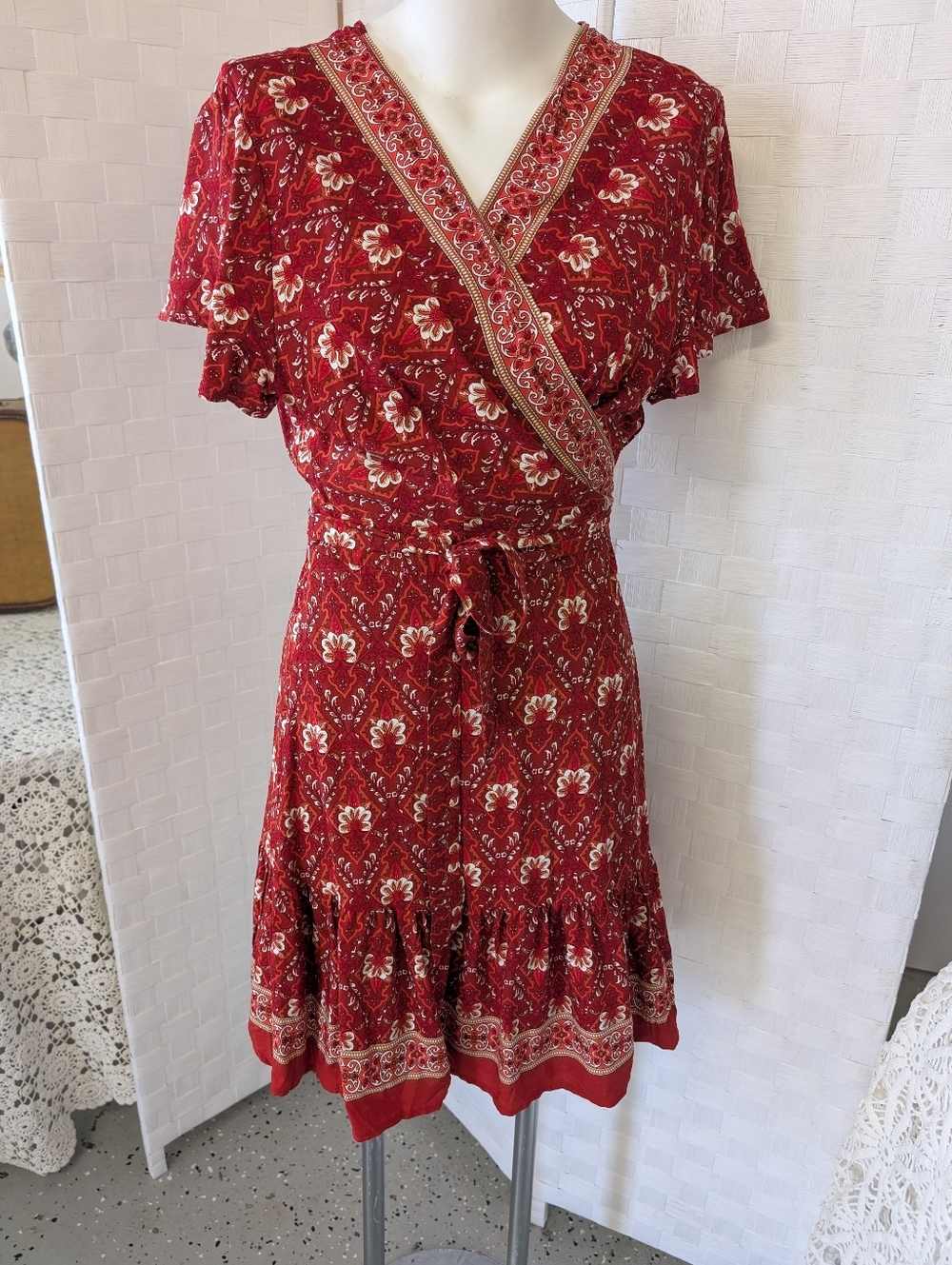 ZESICA  Wrap Dress  Tie Waist Ruffled Sleeves And Hem  RED XL